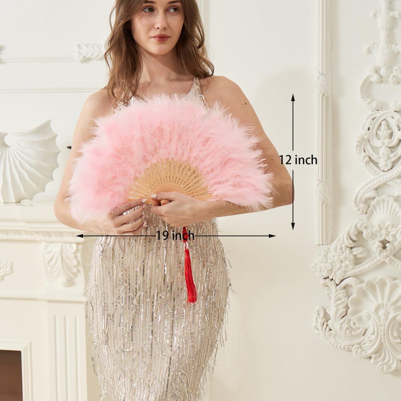 Happy Feather Handheld Marabou Feather Fan, 1920s Vintage Style Flapper Hand Fan for Costume Party and Dancing-Light Pink - Image 2